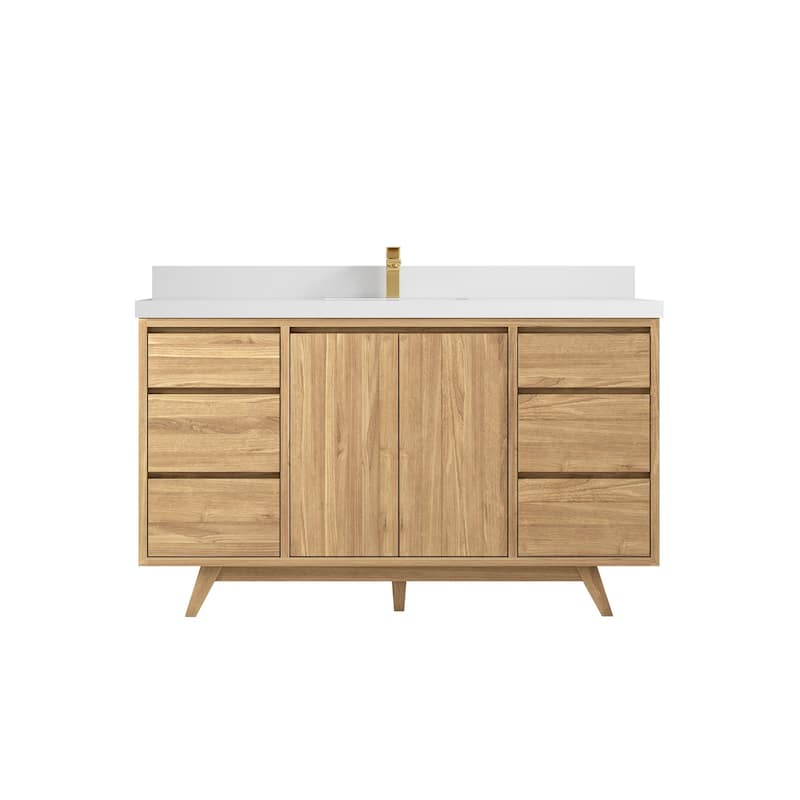 Willow Collections 60 in. W x 22 in. D Madison Teak Single Sink Bathroom Vanity with Countertop - 2" White Quartz - Light Natural Teak