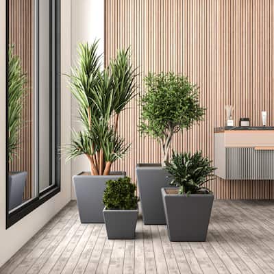 Blossom 4-Piece Square Planter Set, Durable Fiberstone Indoor/Outdoor Pots with Drainage, Yard Patio Decor
