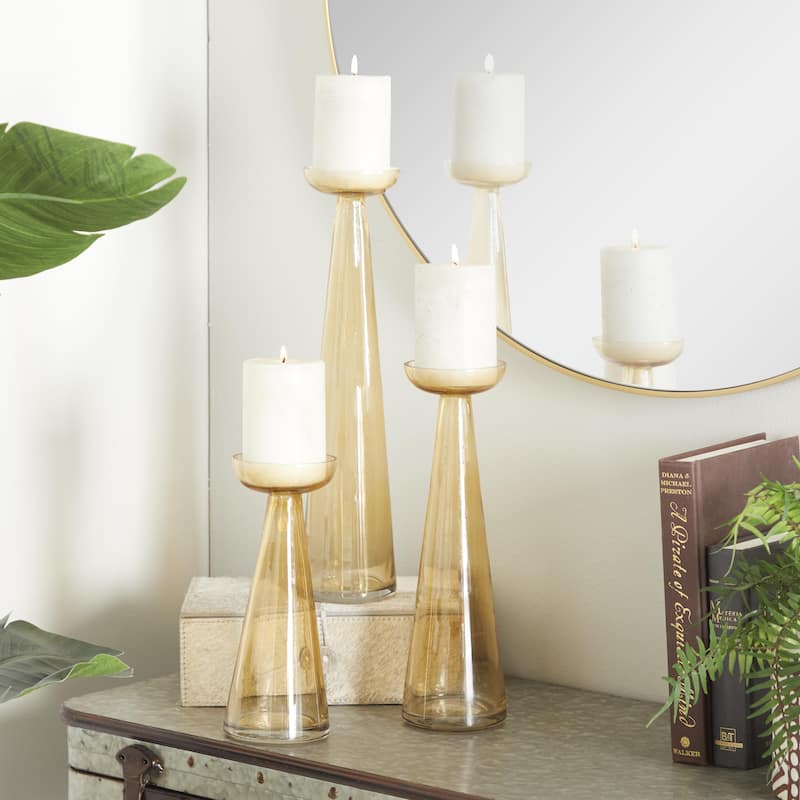 Glass Tapered Cone Candle Holder with Rounded Candle Plates - Set of 3 Green, Gold, Clear - Roche River Decor