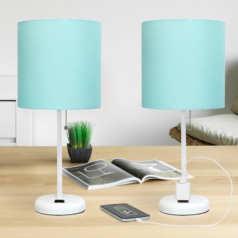 Stick Table Lamps with Drum Shade - 19.5" - White and Aqua Blue - Set of 2