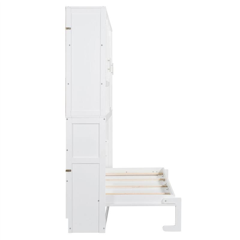 Twin Size Murphy Bed Wall Bed with Top Cabinet and LED Light, Space Saving Foldable Murphy Cabinet Bed w/ Storage Shelves & USB