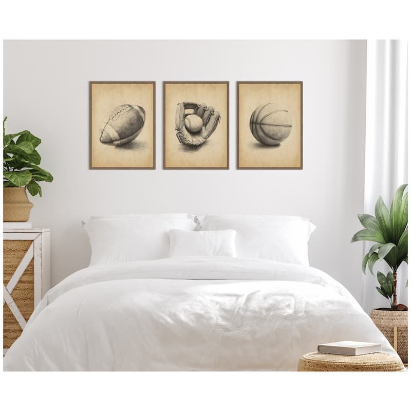 Kate and Laurel Walnut Antique Football 3 Piece Framed Canvas Wall Art Set by The Creative Bunch Studio