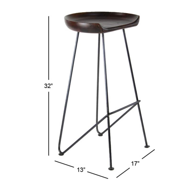 Wood Bar Stool with Wood Seat - Brown - Roche River Decor - 14"W x 17"L x 32"H