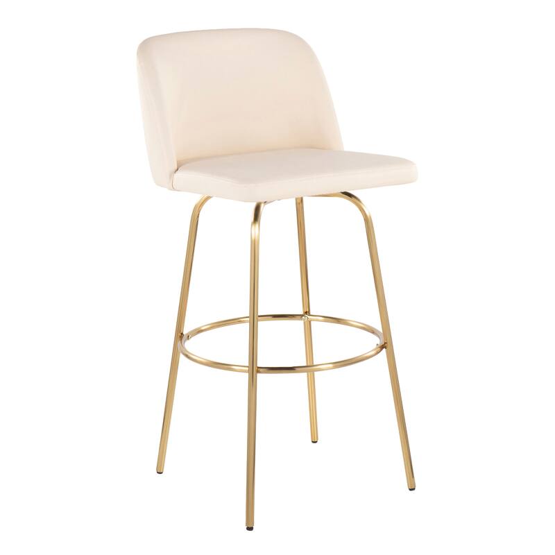 Silver Orchid Vallberga 30" Fixed-Height Bar Stool with Metal Base & Round Gold Footrest (Set of 2) - Cream Faux Leather/Gold Metal Base