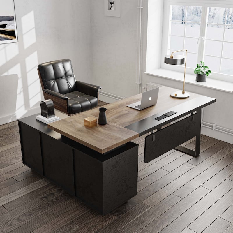 62.99" L-Shaped Executive Desk with Sliding Barn Door Storage Shelves Built-In USB Outlet - Oak-Right Return