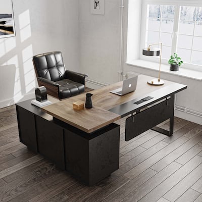 62.99" L-Shaped Executive Desk with Sliding Barn Door Storage Shelves Built-In USB Outlet