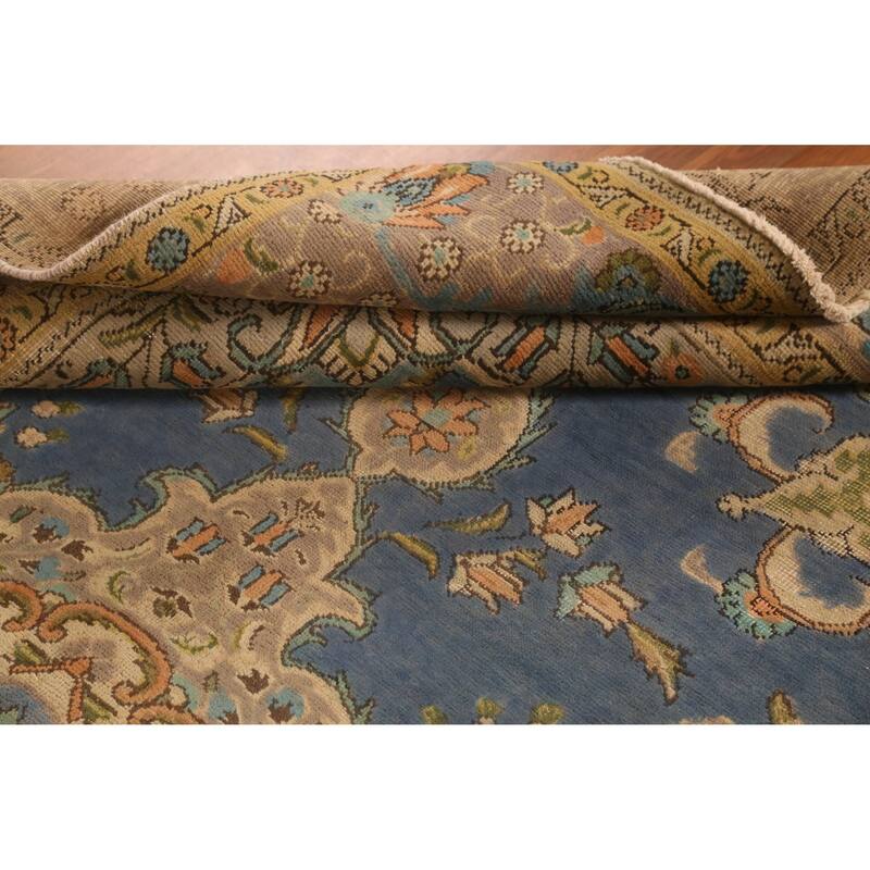 Hand Knotted Oriental 100% Wool Carpet Traditional Floral Navy Blue & Blues Tabriz Area Rug - 9' 10'' X 6' 7''
