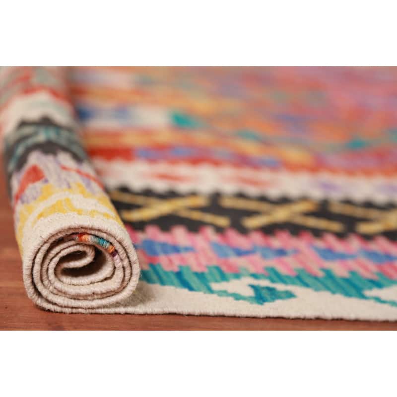 Kilim Oriental Area Rug Hand-Woven Geometric Bedroom Wool Carpet - 9'7"x 13'1"