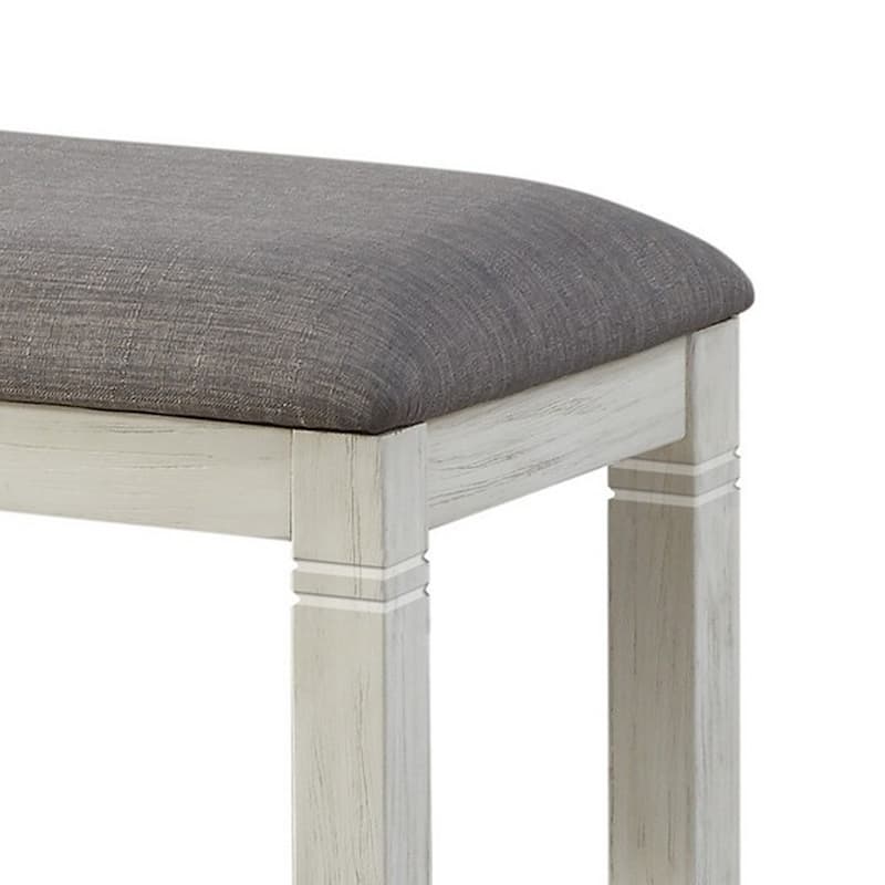 Fabric Upholstered Padded Bench with Tapered Feet, Antique White and Gray - 19.5 H x 16 W x 48 L