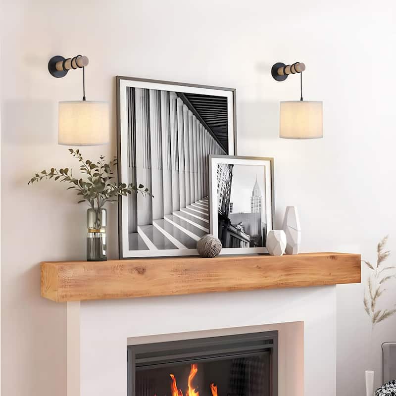 Starsky Indoor Wall Light Wall Sconces with White Fabric Linen Lampshades and Oak Wood Arm, Set of 2 - set of 2 - set of 2