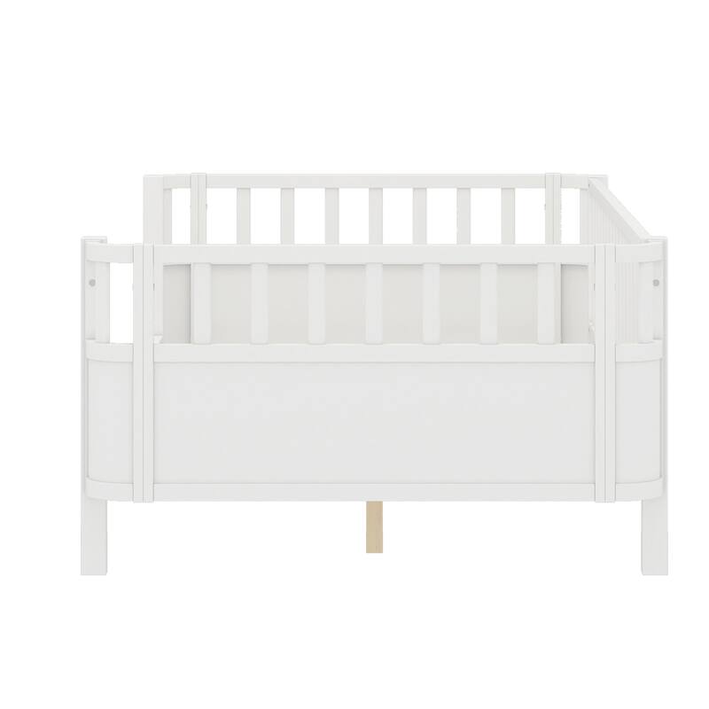 Multi Size Low Platform Bed for Kids with Rounded Corners Guardrails, Detachable Right-side Fence and Open Left-side Design