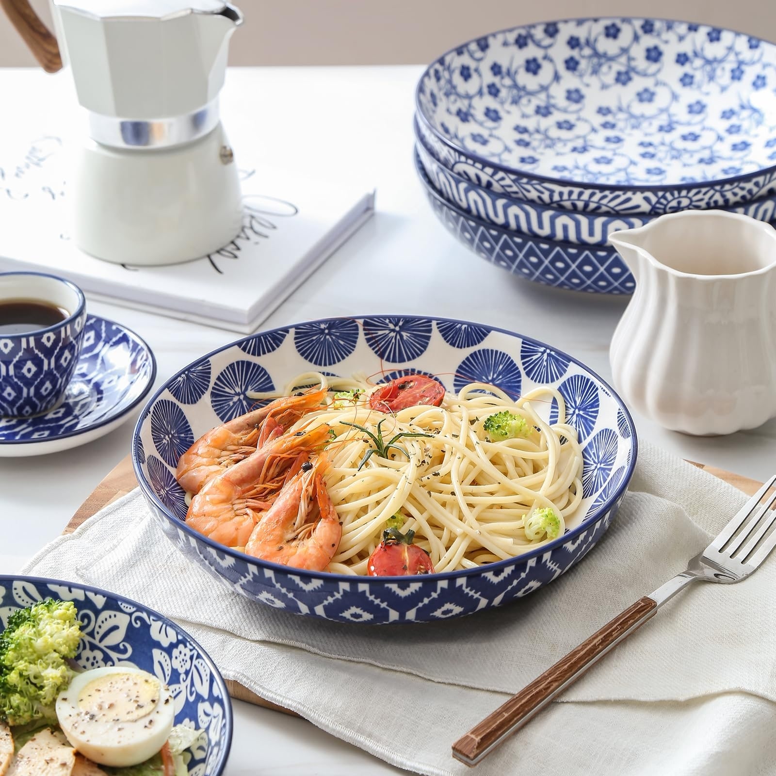 YUN TAO Pasta Bowls Set Of 4,8.8 Inch Ceramic Salad Bowls