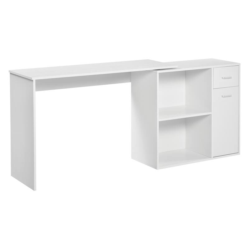 L Shaped Computer Desk, 180 Rotating Corner Desk with Storage Shelves, Drawer and Cabinet