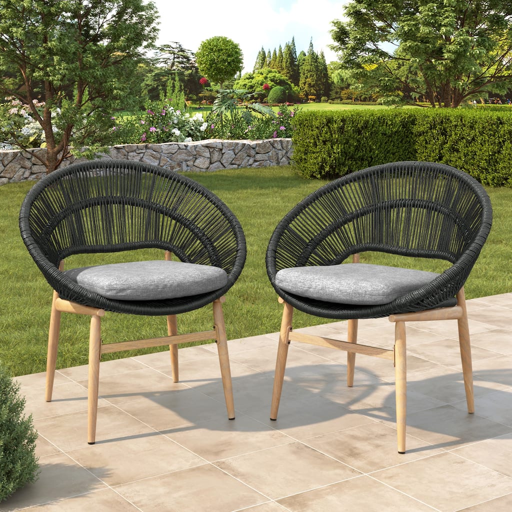 Cyril Outdoor Wicker Papasan Style Dining Chair, Teak Finished Leg and Dark Gray Faux Rattan, Gray Cushion, Set of 2