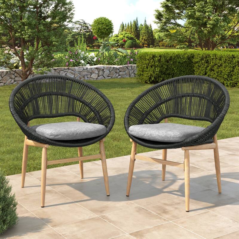 Roomfitters Cyril Outdoor Wicker Papasan Dining Chairs with Teak Finish Legs, Light Brown and Beige