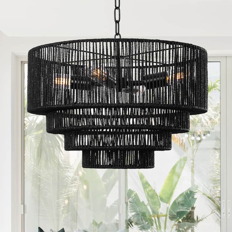 4-Light Dimmable Hand-Woven Rattan Tiered Chandelier