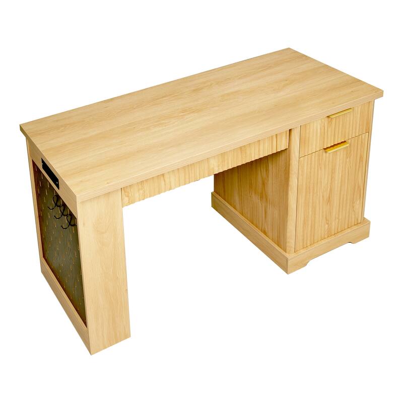 Roomfitters 55" Modern Fluted Office Desk with Charging Station, Storage Cabinet & Pegboard