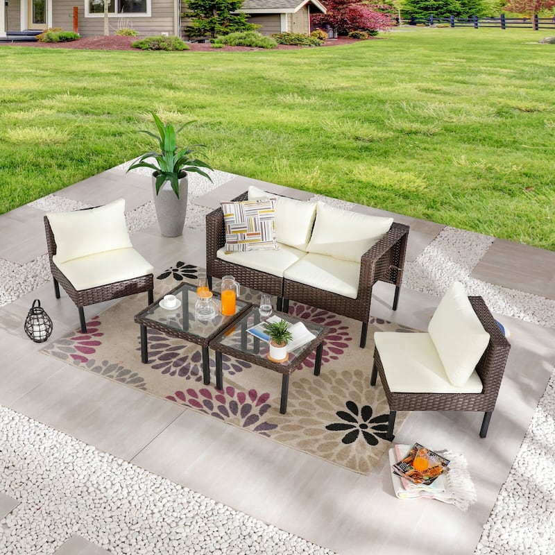 Patio Festival 6-Piece Outdoor Wicker Conversation Seating Set - Brown/Beige