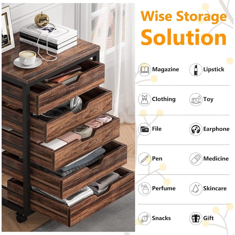 5 Drawer Chest, Wood Storage Dresser Cabinet with Wheels, Industrial Storage Drawer Organizer Cart for Office (1 PC)