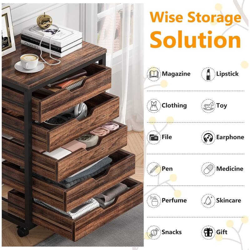 5 Drawer Chest, Wood Storage Dresser with Wheels, Brown