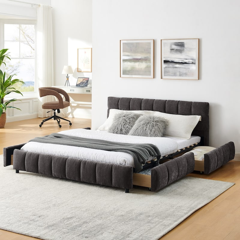 Block Thick Chenille Low Profile Platform Bed Fabric Upholstered Bedframe with Headboard Solid Wood Frame - Optional Storage Bed