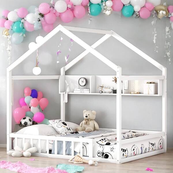 slide 2 of 17, Kids and Baby Full Size House Bed with Fence and Roof with Storage Shelf White