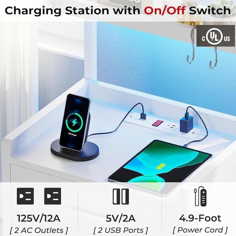 2 Drawer Nightstand with LED Lights Charging Station
