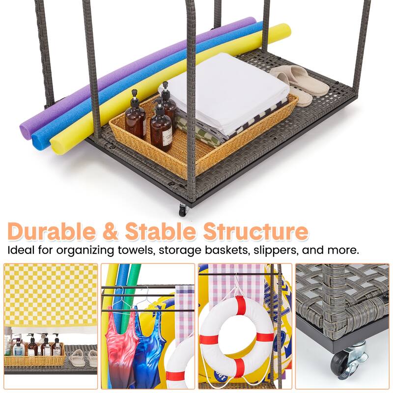 Pool Towel Rack Outdoor with Rattan 5 Bar Free Standing Poolside