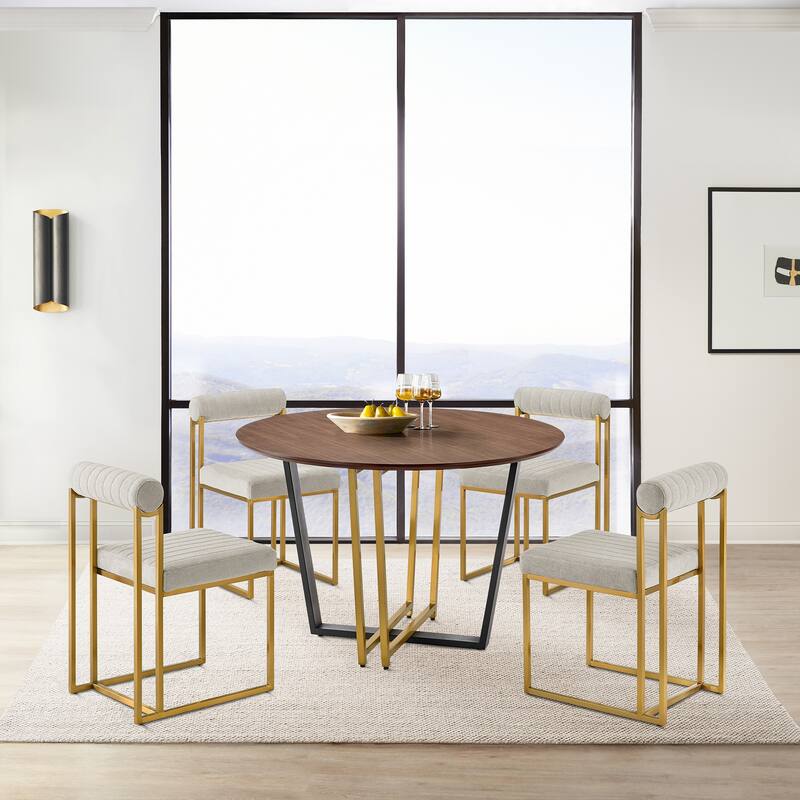 Joana Anastasia 5 Piece Round Walnut Dining Table Set with Metal Frame and Upholstered Chairs - Taupe