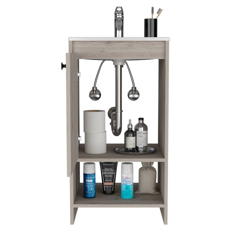 Bathroom Vanity with One Cabinet and Two Shelves, Light Gray, Ideal for Small Spaces and Powder Rooms