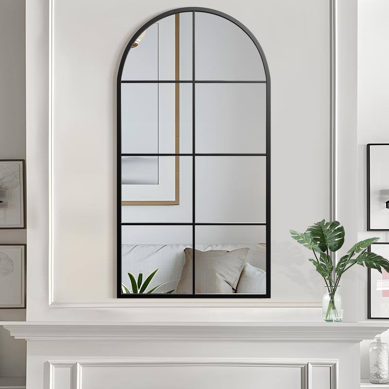 Iron Metal Frame Rectangular Windowpane Wall Mirror Farmhouse Rustic Elegant Decor for Living Room Bedroom Bathroom Entryway - 55" x 28" - Black Arch