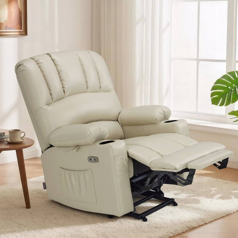 Power Lift Recliner Chair for Elderly, Massage and Heat, Faux Leather & Fabric - Faux Leather-White