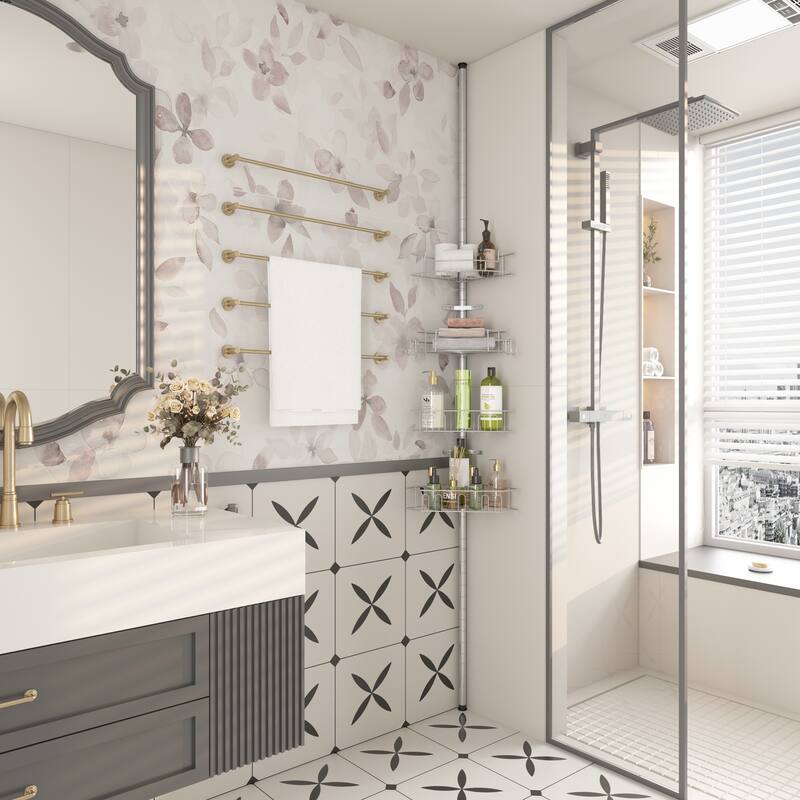 Tension Pole Corner Shower Caddy with 4 Adjustable Baskets