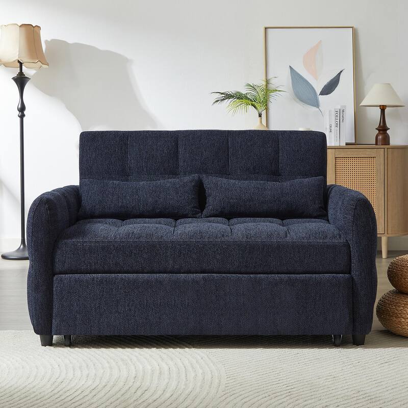 Chenille Loveseat Sofa Pull-out Sofa Bed, Upholstered Futon Sofa Adjustable Backrest Lounge Couch w3 USB Ports & 2 Pillows