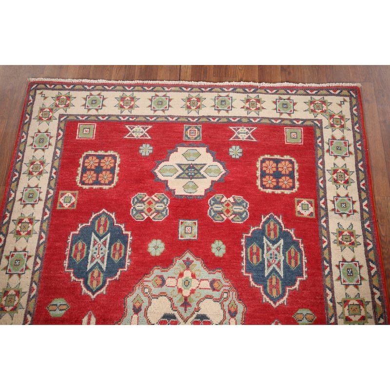 Geometric Red Kazak Accent Rug Hand-Knotted Bedroom Wool Carpet - 3'10" x 5'10"