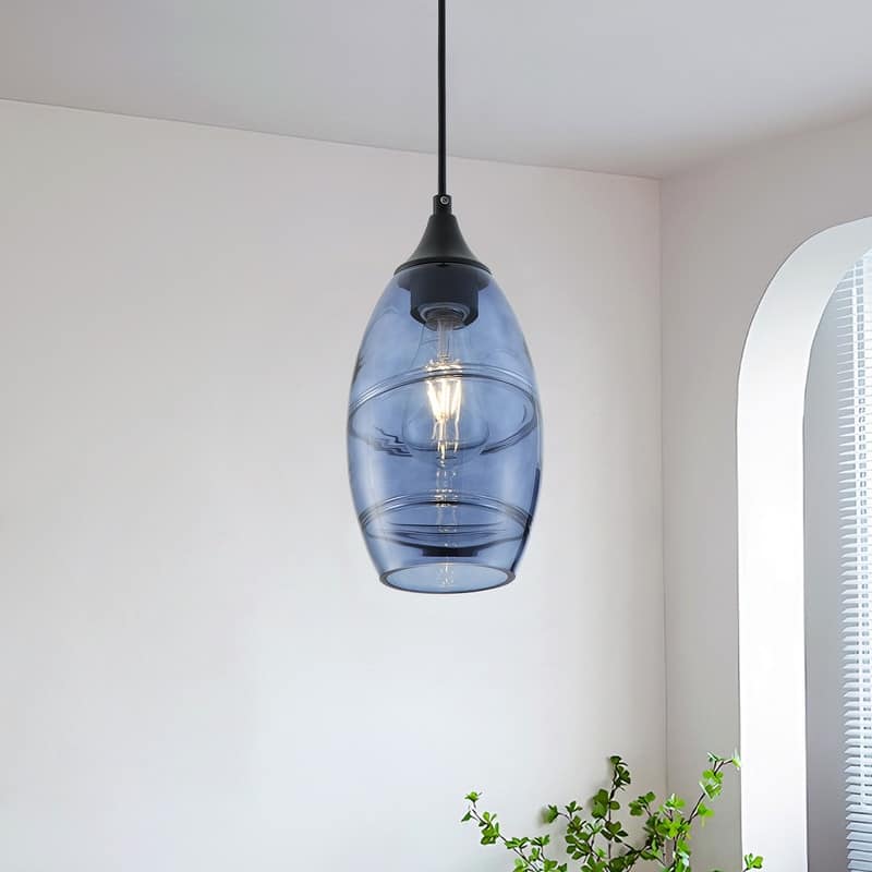 Modern Industrial Blue Glass Pendant Light Matte Black Ceiling Lamp for Kitchen Island