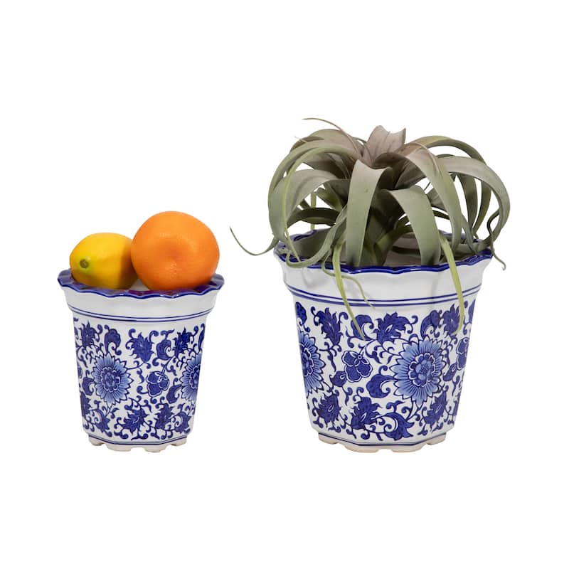 Stoneware Planters Scalloped Edge and Floral Relief Detail (Set of 2)