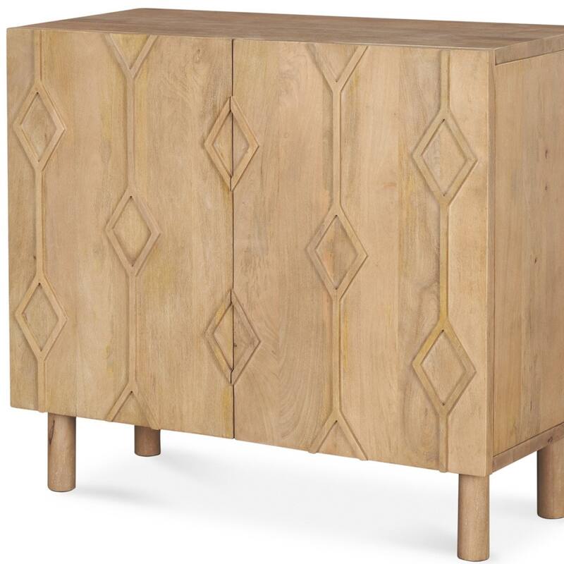 HomeRoots 36" Natural Solid Wood Carved Geometric Accent Cabinet With Two Doors
