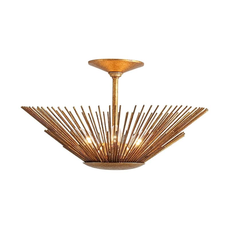 3-Light Vintage Luxe Gold Leaf Sunburst Semi Flush Ceiling Light