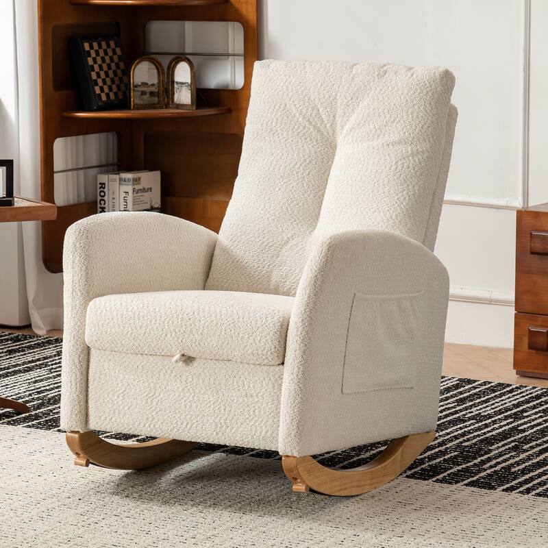Comfortable Rocking Chair with Footrest and High Back, Made of Rubber Wood and Upholstered for a Cozy Sitting Experience.