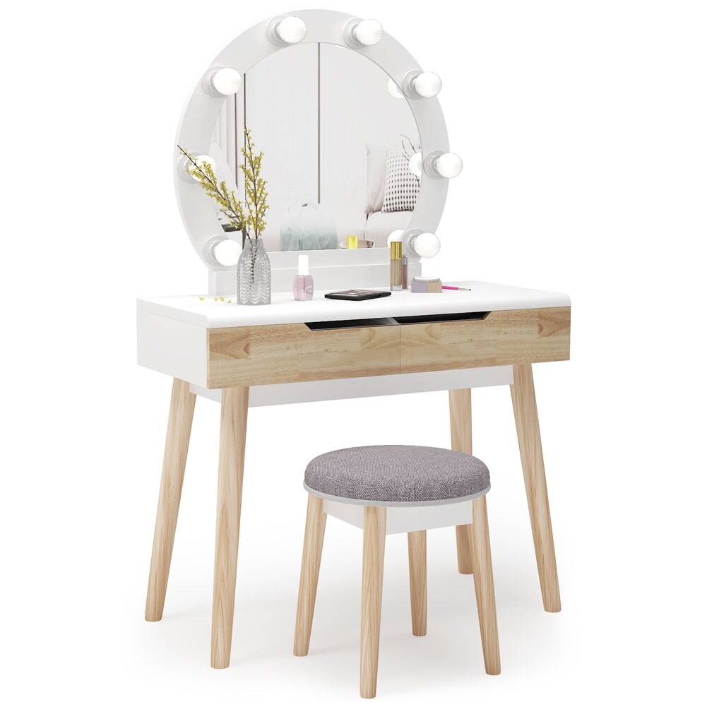 Vanity Set With Lighted Mirror Dressing Table 2 Drawers And Stool Overstock 29124297