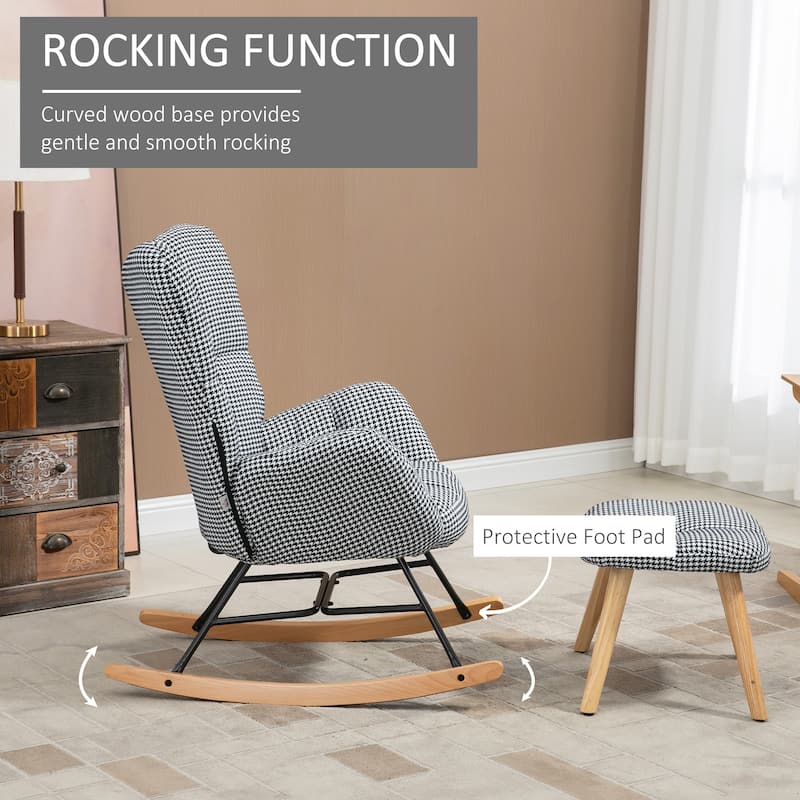 HOMCOM Glider Rocker with Ottoman Set, Houndstooth Nursery Rocking Chair, Upholstered Wingback Armchair
