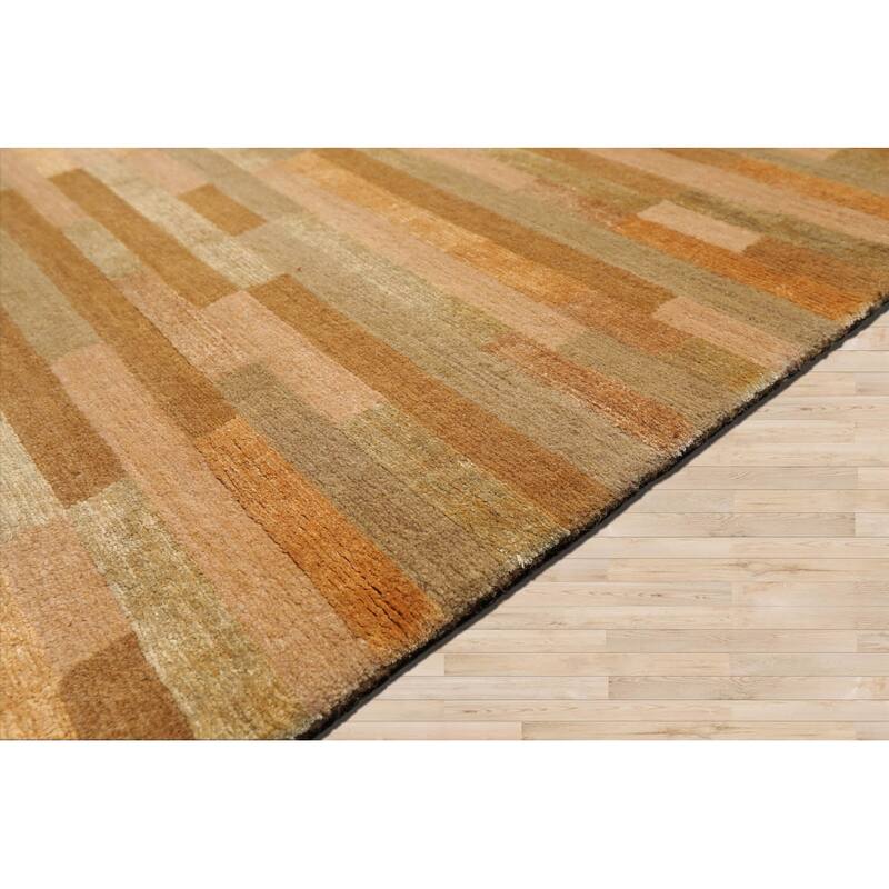 Hand Knotted Stripes Gold Wool & Silk Modern Oriental Area Rug - 3' x 4' 10''