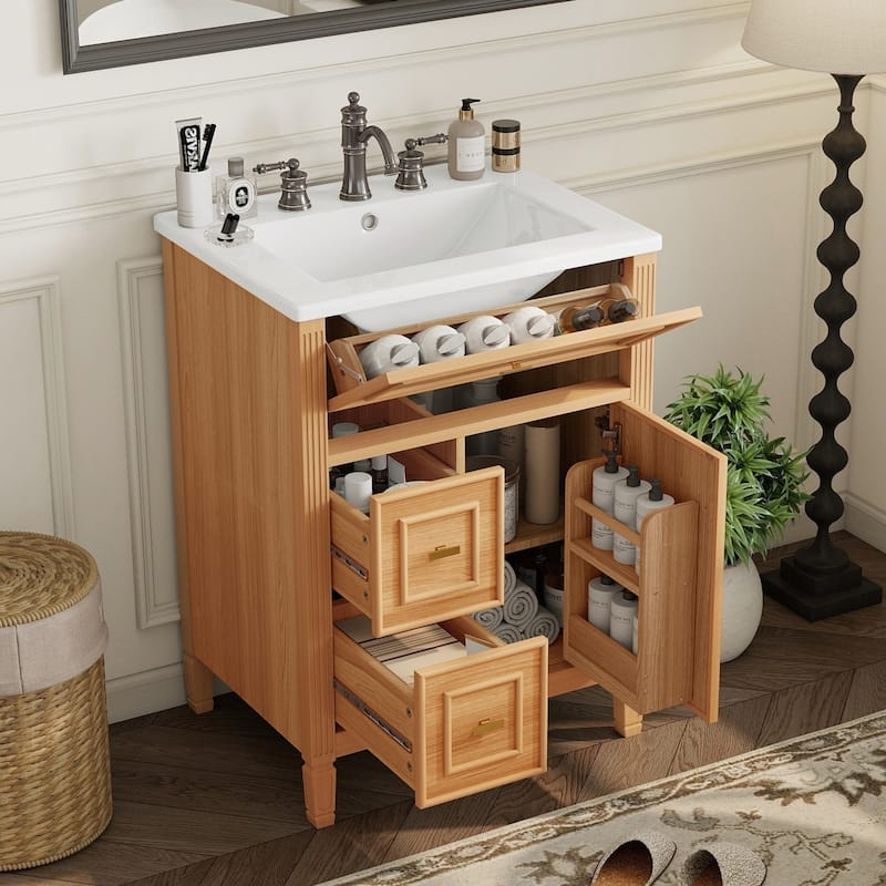 24 Inch Bathroom Vanity with Sink, Flip Drawer and Two Soft-Close Drawers - Wood