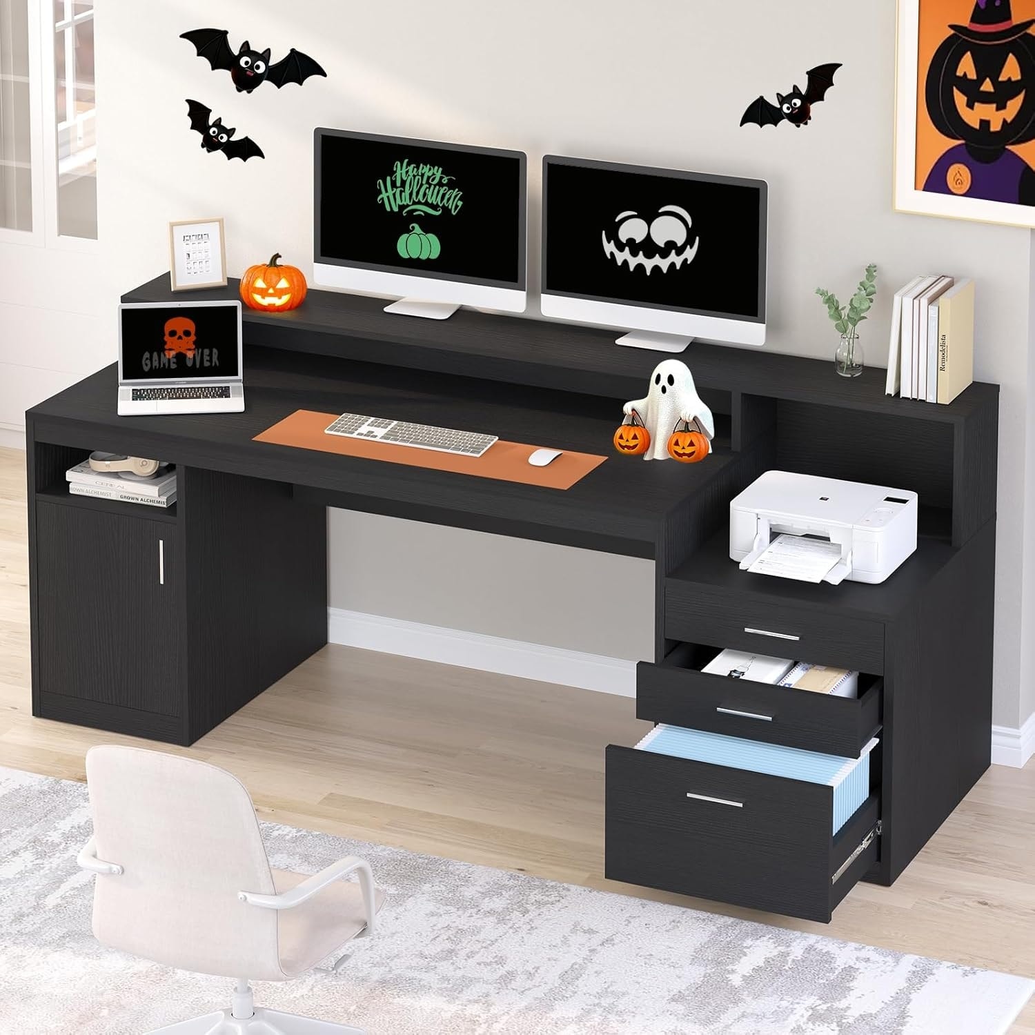 Modern 3-Drawer Computer Desk with Storage Shelves, File Cabinet, and Monitor Stand, Black