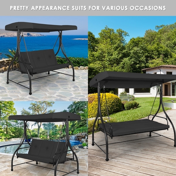 Brown 3 Persons Outdoor Cushion Convertible Canopy Porch Swing Bench Glider Hammock Patio Yard Backyard Garden Pool Side Furniture Polyester And Durable Steel Frame Great Piece For Summer Relaxation Porch Swings