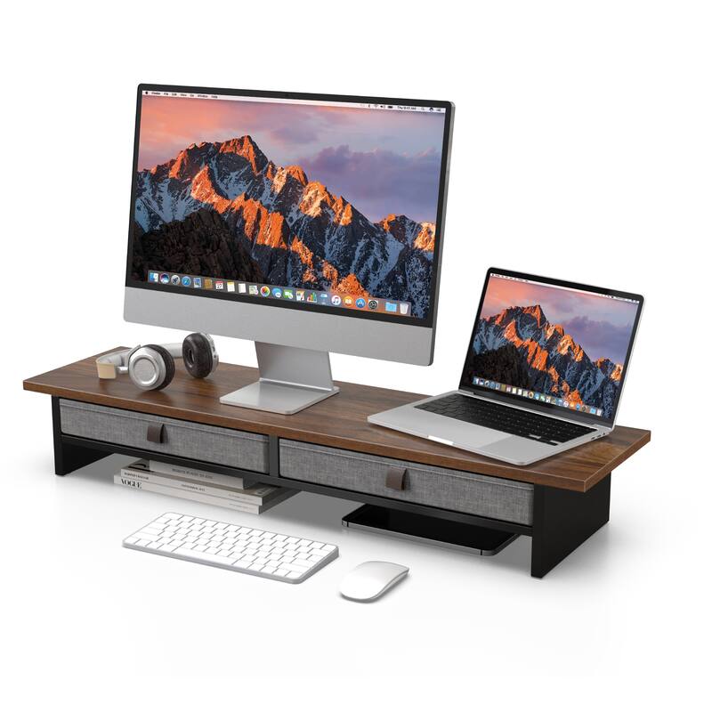 Fenge Dual Monitor Stand, 2 Tiers Monitor Riser for Desk - Brown