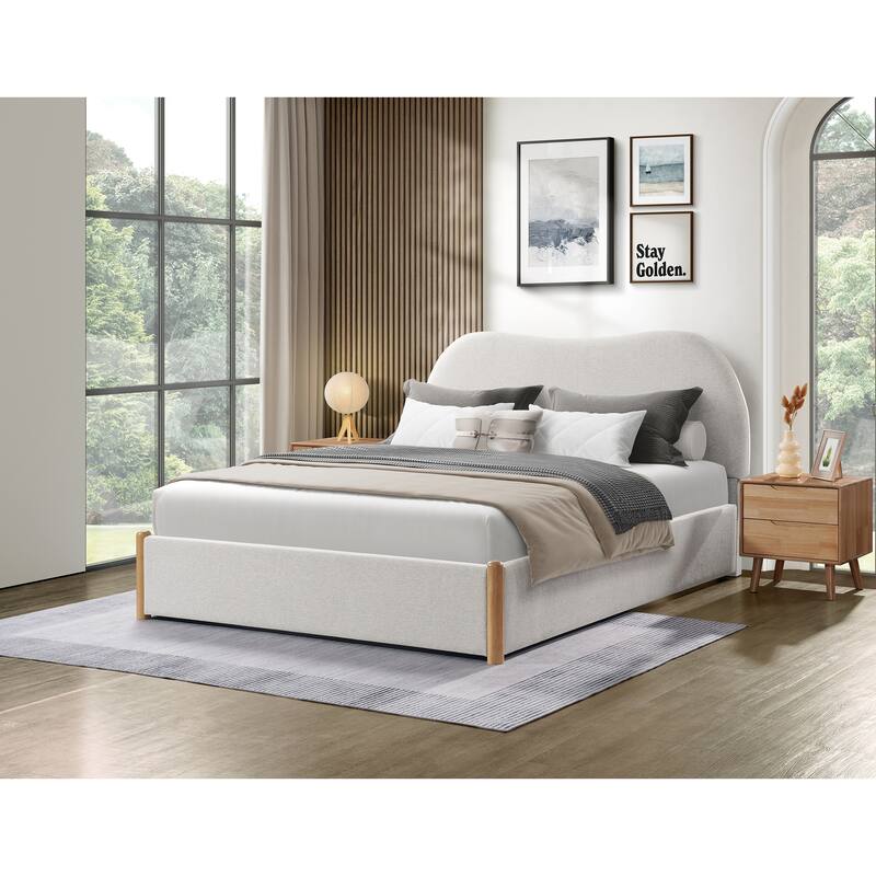 Ivory Linen Upholstered Platform Bed Frame with Wavy Headboard/Solid Wood Frame and Legs/Wooden Slat Support/Easy Assembly/Queen