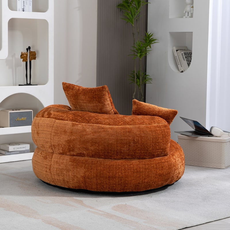 Chenille Oval Bean Bag Chair, Memory Foam Filling Lazy Sofa, Adults Lounge Chair with 3 Pillows & Semi-Wraparound Armrests