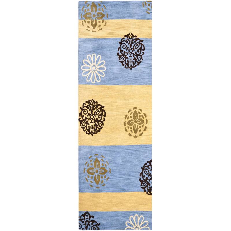 SAFAVIEH Handmade Soho Kourtney Stripe N.Z. Wool Rug - 2'6" x 8' Runner - Gold/Blue